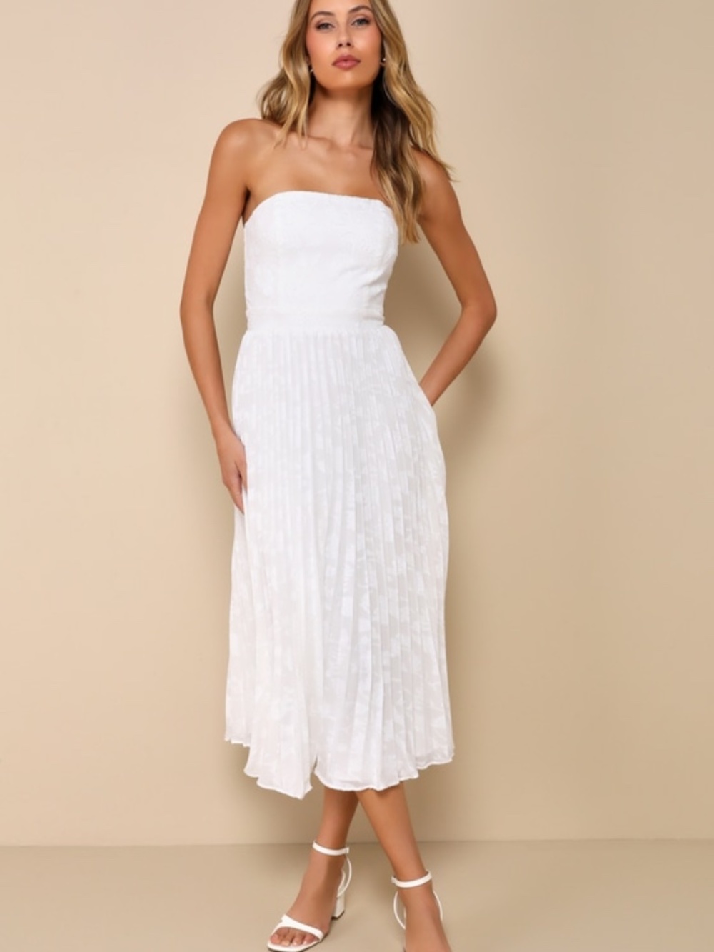 Lulu's White Strapless Pleated Midi Dress